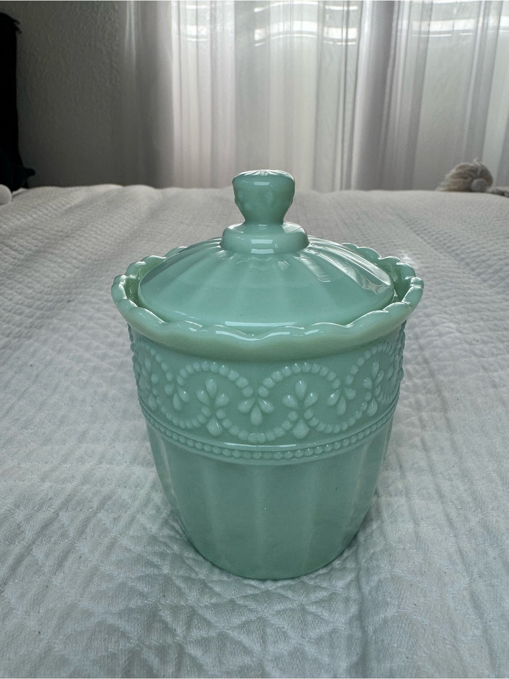 The Pioneer Woman Timeless Beauty Jade Green Glass Sugar Bowl w/ Lid 5”